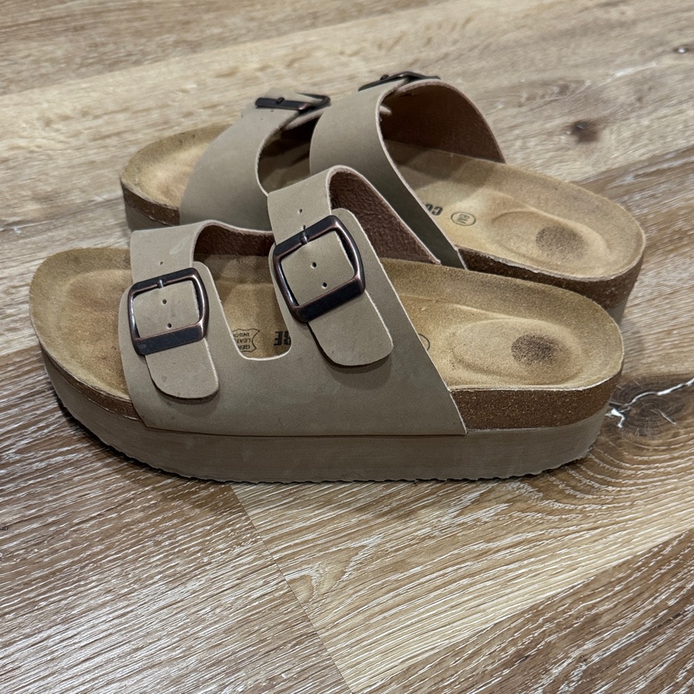 Women's Double Buckle Slide Sandals in Taupe - Unbranded